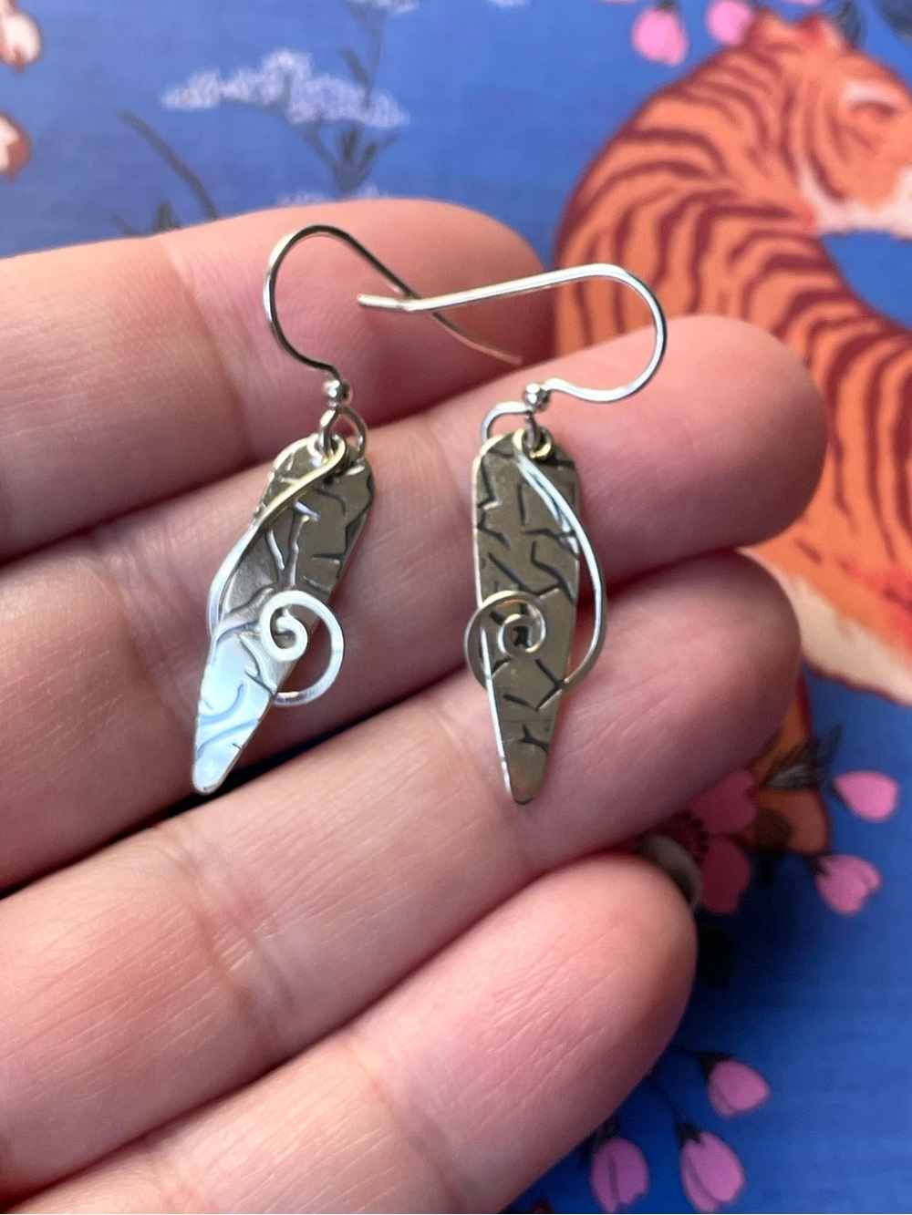 Minimalist silver metal abstract dangle earrings unmarked sterling?